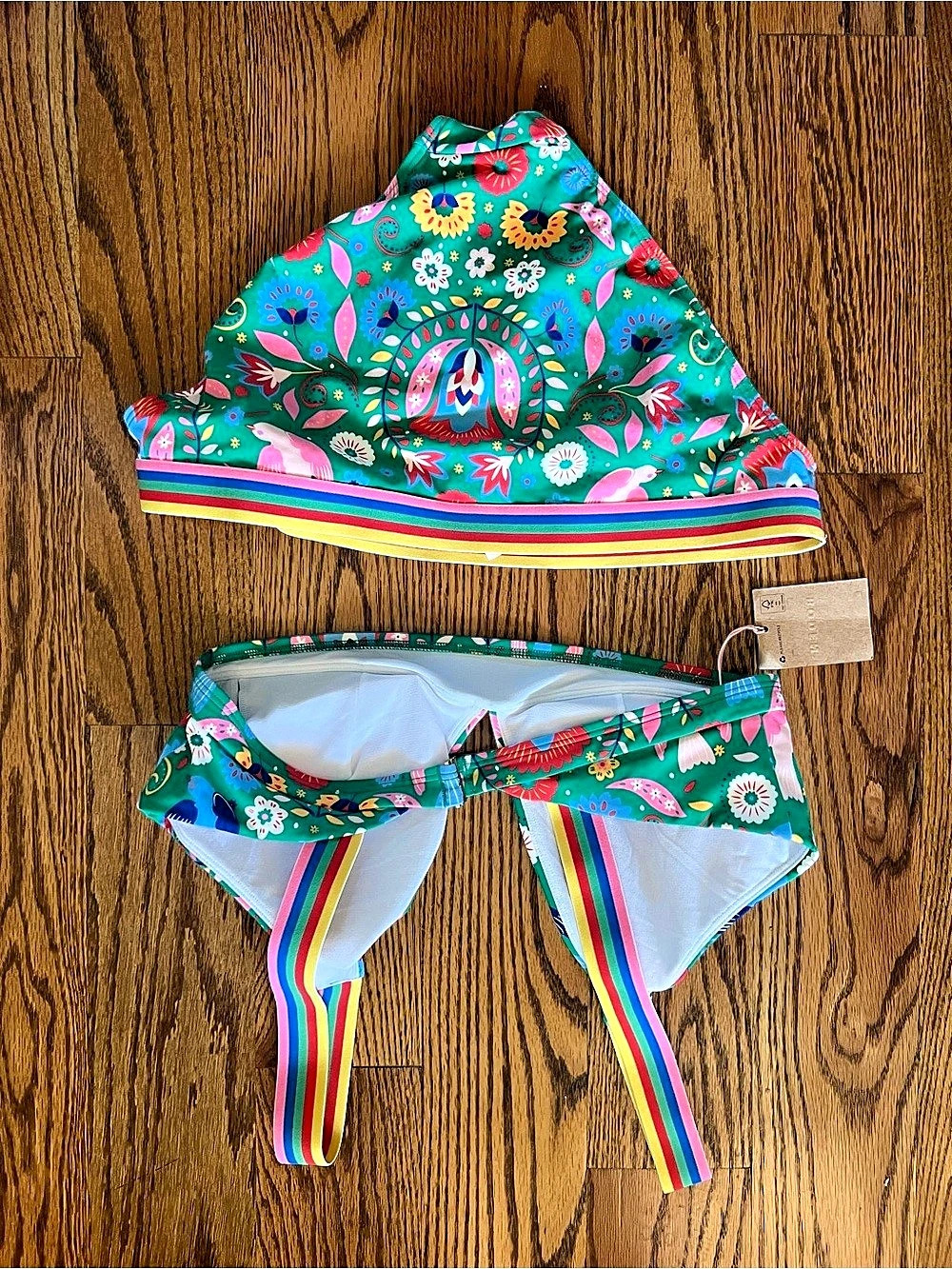 NWT- Boden Stripe Trim Bikini Top & Bottoms Floral Bikini Set Green US - Picture 5 of 7